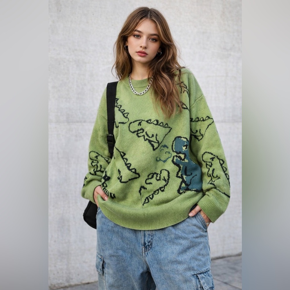 Aelfric Eden Green Dinosaur Graphic Sweater Oversized Y2K Streetwear Knit
